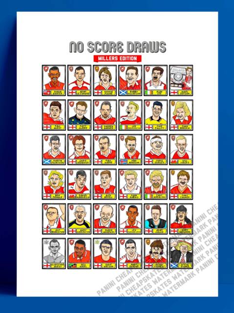 Rotherham United - No Score Draws Millers Edition A3 Print Of 36 Hand-Drawn Panini-style Rufc Icons Wonky Cheapskate Football Art - image 1
