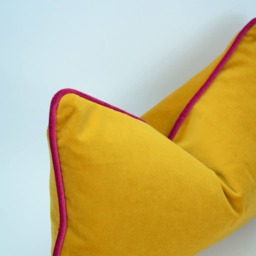 Mustard Yellow Velvet Pillow With Raspberry Pink Piping - Soft Cotton Cushion - thumbnail 3