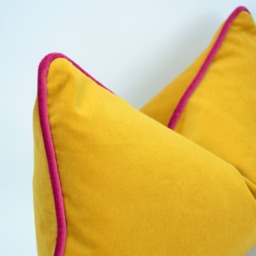 Mustard Yellow Velvet Pillow With Raspberry Pink Piping - Soft Cotton Cushion - thumbnail 4