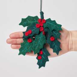 Festive Holly Ornament, Hand Felted Holiday Plant Handmade Christmas Decor - thumbnail 3