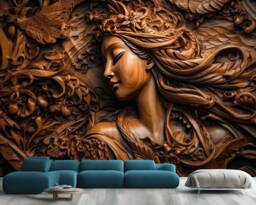 Wood Carving Woman Art Print, Peel & Stick Wallpaper Mural - thumbnail 1