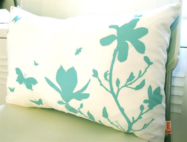 Magnolia & Butterfly Pillow Blue Green Print On Cotton - 12x18 - image 1