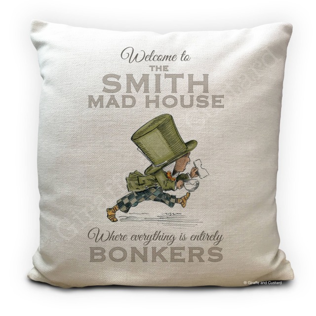 Alice Wonderland Cushion Cover Personalised - Vintage Mad Hatter Bonkers House Quote 40cm 16 Inches - image 1