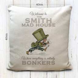 Alice Wonderland Cushion Cover Personalised - Vintage Mad Hatter Bonkers House Quote 40cm 16 Inches - thumbnail 2