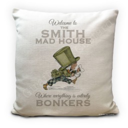 Alice Wonderland Cushion Cover Personalised - Vintage Mad Hatter Bonkers House Quote 40cm 16 Inches - thumbnail 1