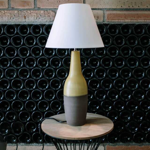 Handmade Tall Ceramic Table Lamp Yellow Brown With Fabric Shade - image 1