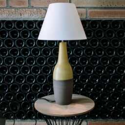 Handmade Tall Ceramic Table Lamp Yellow Brown With Fabric Shade - thumbnail 1