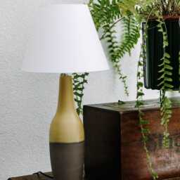 Handmade Tall Ceramic Table Lamp Yellow Brown With Fabric Shade - thumbnail 3