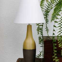 Handmade Tall Ceramic Table Lamp Yellow Brown With Fabric Shade - thumbnail 2