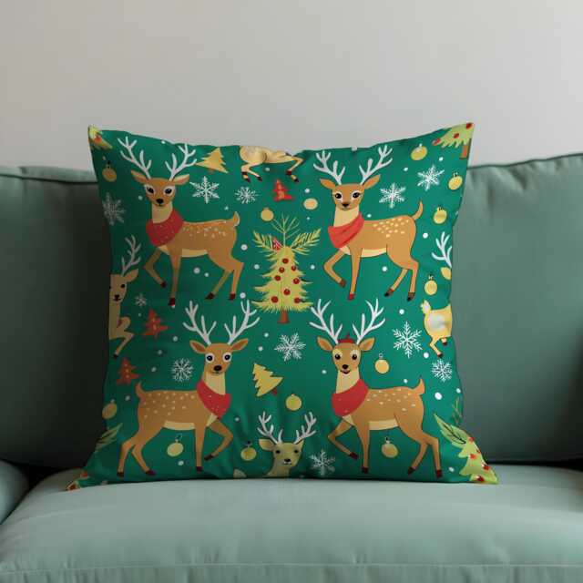 Cute Reindeer Christmas Cushion Cover, Green Holiday Throw Pillowcase With Deer, Trees & Snowflakes, Festive Decor For Kids Room Or Sofa - image 1