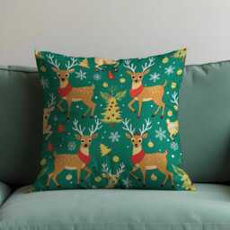 Cute Reindeer Christmas Cushion Cover, Green Holiday Throw Pillowcase With Deer, Trees & Snowflakes, Festive Decor For Kids Room Or Sofa - thumbnail 1