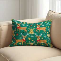 Cute Reindeer Christmas Cushion Cover, Green Holiday Throw Pillowcase With Deer, Trees & Snowflakes, Festive Decor For Kids Room Or Sofa - thumbnail 2