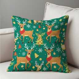 Cute Reindeer Christmas Cushion Cover, Green Holiday Throw Pillowcase With Deer, Trees & Snowflakes, Festive Decor For Kids Room Or Sofa - thumbnail 4