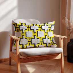 Yellow & Black Ikat Velvet Pillow Handwoven Silk Geometric Cushion - thumbnail 1