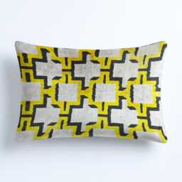 Yellow & Black Ikat Velvet Pillow Handwoven Silk Geometric Cushion - thumbnail 2