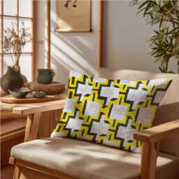 Yellow & Black Ikat Velvet Pillow Handwoven Silk Geometric Cushion - thumbnail 3