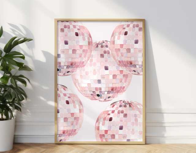 Pink Disco Ball Print Bedroom Wall Art Kitchen Living Room Glitterball Funky Aesthetic Mirrorball Poster Unframed - image 1