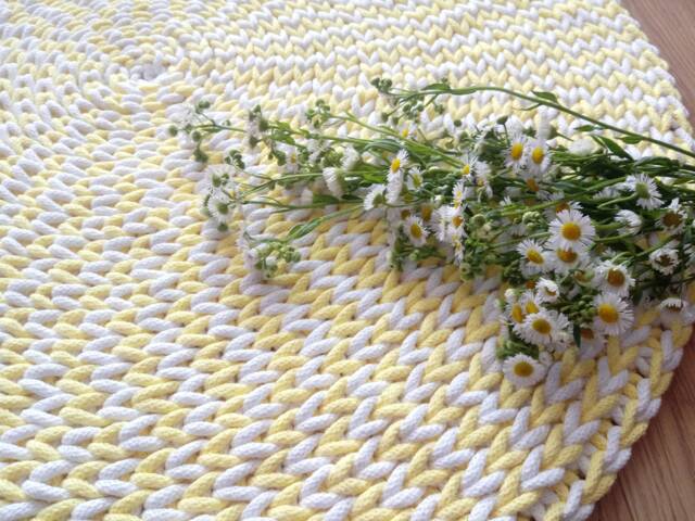 Handmade Round Cotton Rug, Yellow & White Crochet Area Rug - image 1
