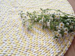 Handmade Round Cotton Rug, Yellow & White Crochet Area Rug - thumbnail 1