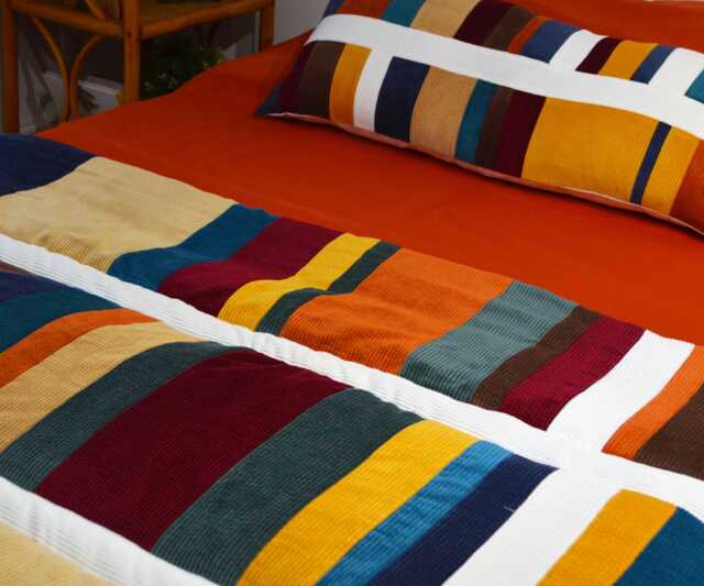 Bed Throw 100x220cm - Handmade in France Corduroy Patchwork - image 1