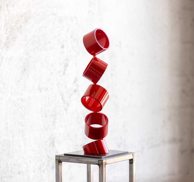 "Reclaimed Metal Sculpture Red Gloss Abstract Table Decor, ""Tumbler" - image 1