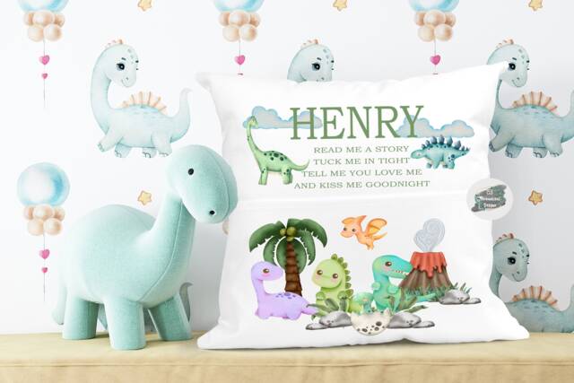 Personalised Kids Dinosaur Book Cushion, Reading Pocket - image 1
