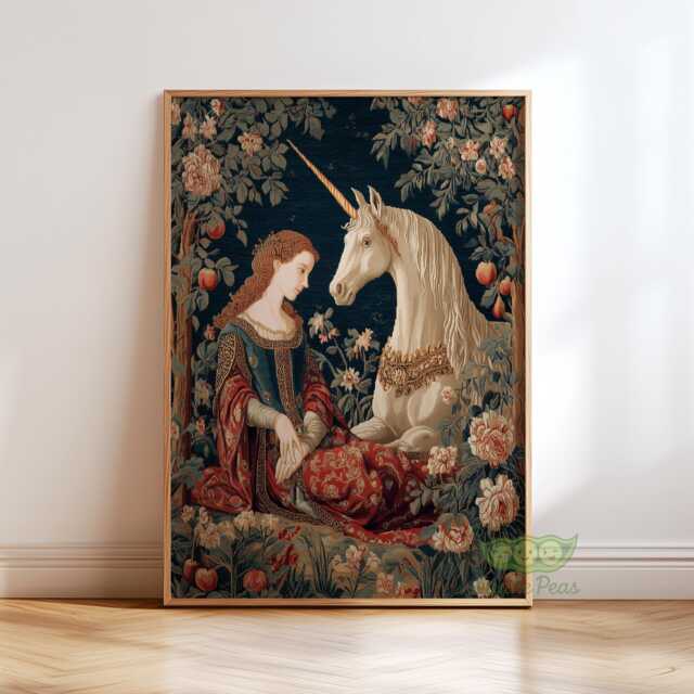 Medieval Unicorn Tapestry Print, Lady & The Wall Art, Renaissance Fantasy Poster, Classical Mythical Decor, Fairytale Home Artwork - image 1
