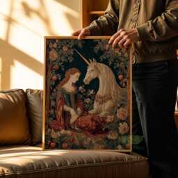 Medieval Unicorn Tapestry Print, Lady & The Wall Art, Renaissance Fantasy Poster, Classical Mythical Decor, Fairytale Home Artwork - thumbnail 3