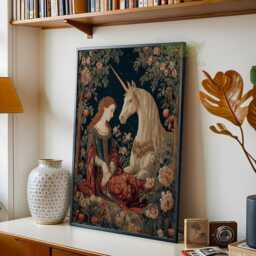 Medieval Unicorn Tapestry Print, Lady & The Wall Art, Renaissance Fantasy Poster, Classical Mythical Decor, Fairytale Home Artwork - thumbnail 2