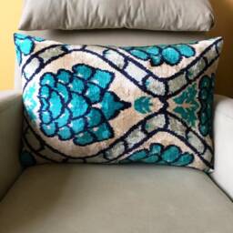 Aqua Blue Ikat Velvet Pillow Cover Floral Silk Lumbar Cushion - thumbnail 3