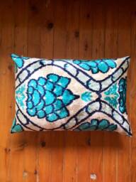 Aqua Blue Ikat Velvet Pillow Cover Floral Silk Lumbar Cushion