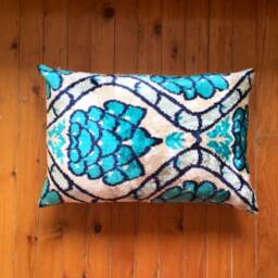 Aqua Blue Ikat Velvet Pillow Cover Floral Silk Lumbar Cushion - thumbnail 2