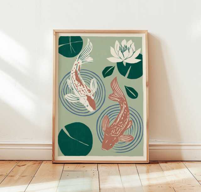 Koi Fish Poster, Water Lily Pond Print, Japanese Wall Art - image 1