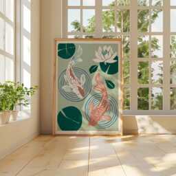 Koi Fish Poster, Water Lily Pond Print, Japanese Wall Art - thumbnail 4