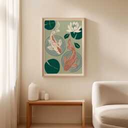 Koi Fish Poster, Water Lily Pond Print, Japanese Wall Art - thumbnail 3