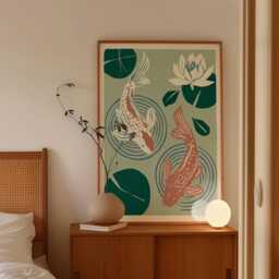 Koi Fish Poster, Water Lily Pond Print, Japanese Wall Art - thumbnail 2
