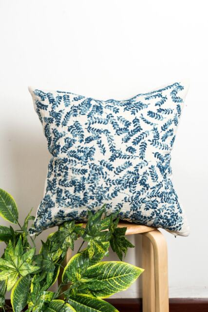 Hand Embroidered Blue Leaves Pillow Cover - Ombre Cotton Cushion 18x18 - image 1