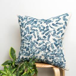 Hand Embroidered Blue Leaves Pillow Cover - Ombre Cotton Cushion 18x18 - thumbnail 2