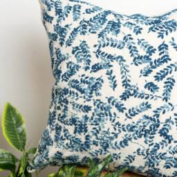 Hand Embroidered Blue Leaves Pillow Cover - Ombre Cotton Cushion 18x18 - thumbnail 3