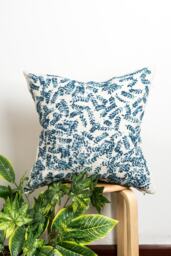 Hand Embroidered Blue Leaves Pillow Cover - Ombre Cotton Cushion 18x18 - thumbnail 1