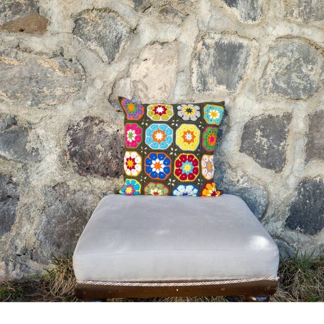 Crochet Green Daisy Pillow Cover, Granny Square Cushion Coloful Pillow Cover - image 1
