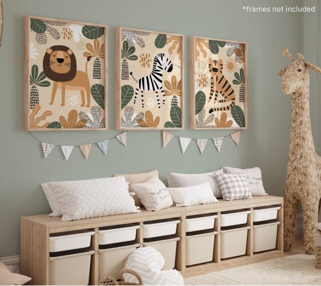 Set Of 3 Safari Animals Prints, Jungle Print, Tiger Giraffe Zebra Playroom Scandi Kids Art - image 1