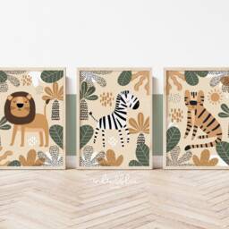 Set Of 3 Safari Animals Prints, Jungle Print, Tiger Giraffe Zebra Playroom Scandi Kids Art - thumbnail 3