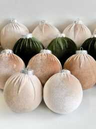 Velvet Christmas Ornaments Earth Tone Beige, Taupe, Green - 15Pc Boho Holiday Decor - thumbnail 1