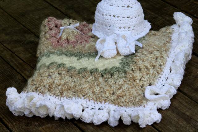 Teddy Bear Crochet Baby Blanket Soft Antique Colors, Ruffle Edge - 30x30 Inches - image 1