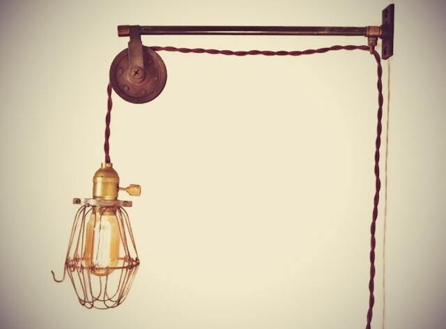 Vintage Industrial Pulley Sconce - Wall Mount Cage Lamp, Pendant Light Machine Age Trouble Lamp - image 1