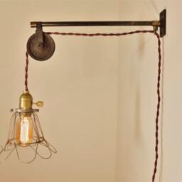 Vintage Industrial Pulley Sconce - Wall Mount Cage Lamp, Pendant Light Machine Age Trouble Lamp - thumbnail 4