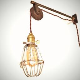 Vintage Industrial Pulley Sconce - Wall Mount Cage Lamp, Pendant Light Machine Age Trouble Lamp - thumbnail 3
