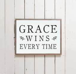 Grace Wins Every Time Christian Wall Sign - Decor, Bible Sign, Farmhouse Inspirational Wooden - thumbnail 1