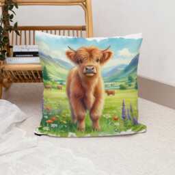 Highland Cow Canvas Cushion Cover Rustic Farmhouse Pillow - thumbnail 2
